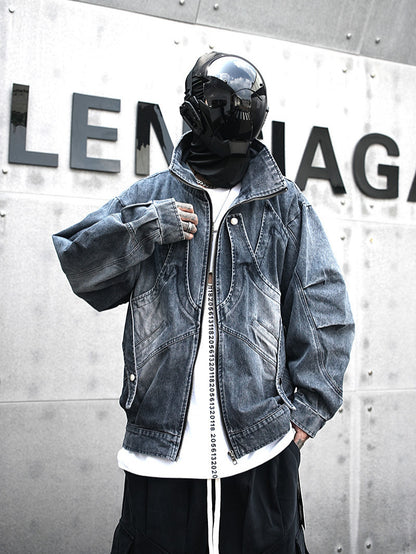 Erabyte Punk Streetwear Denim Jacket featuring a loose fit, distressed denim, and unique design details, worn by a figure in 