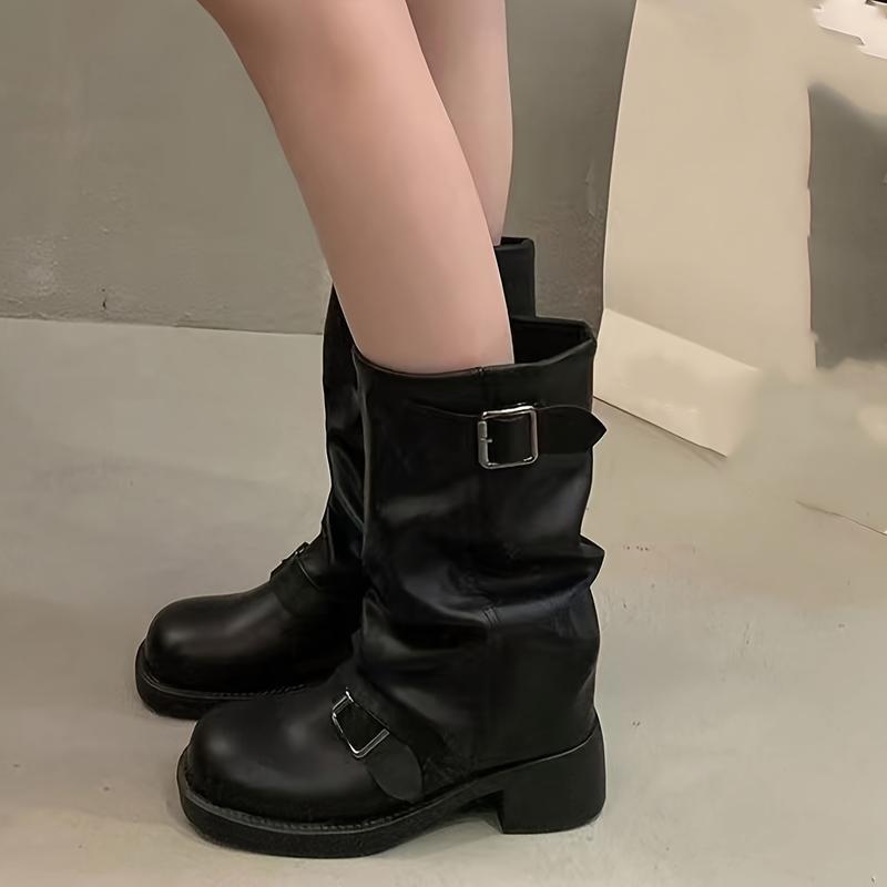 Belt buckle pleated leather boots
