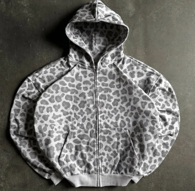 Retro Leopard Print Zip Up Hoodie