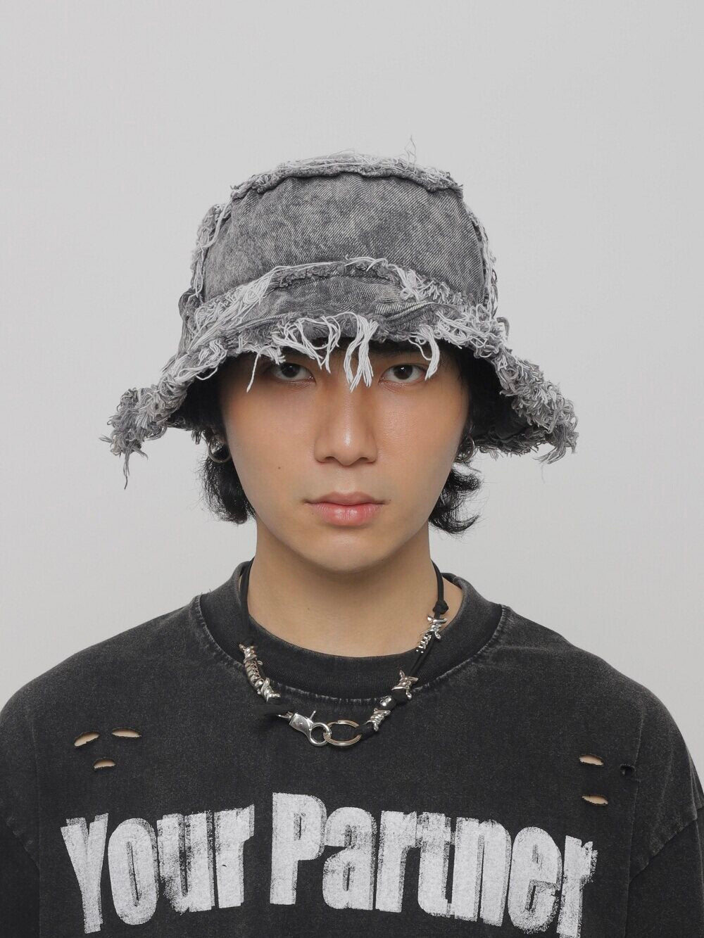 Distressed Denim Wide-Brim Bucket Hat