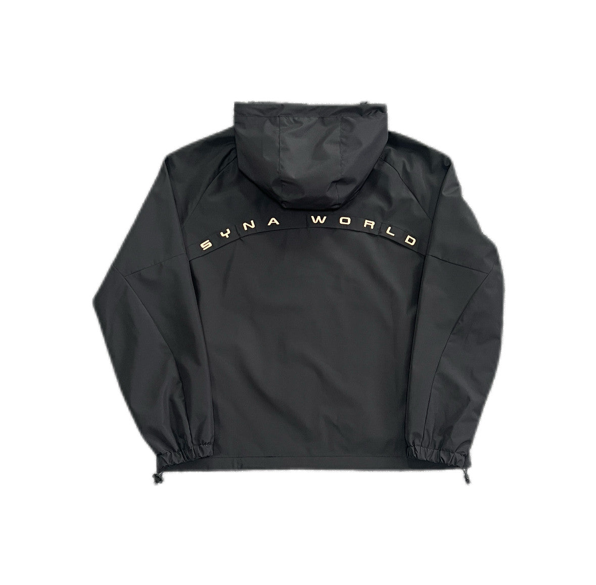 Erabyte Vortex Track Jacket in black with hood, featuring "SYNA WORLD" logo on the back, elastic cuffs, and hem.