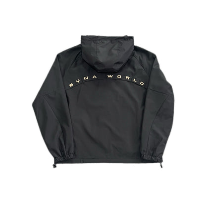Erabyte Vortex Track Jacket in black with hood, featuring "SYNA WORLD" logo on the back, elastic cuffs, and hem.