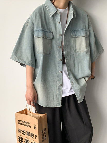 Erabyte Men's Denim Short Sleeve Shirt Jacket in light blue with two chest pockets, worn casually with loose black pants.