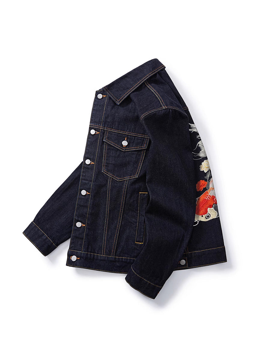 Erabyte Embroidery Denim Jacket in dark blue, featuring retro loose fit and colorful floral embroidery on the back.