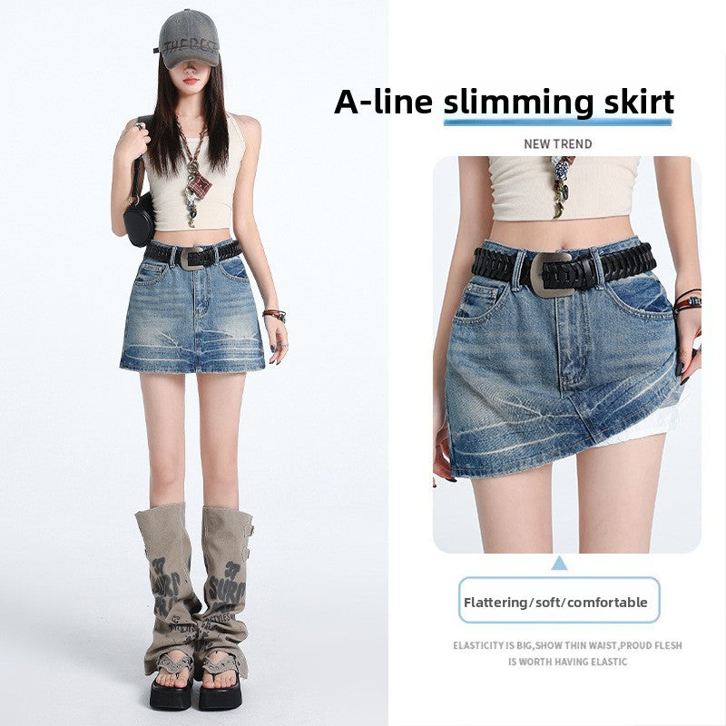 Erabyte Punk Style Denim Skirt featuring an A-line silhouette, distressed detailing, and a comfortable elastic waistband.