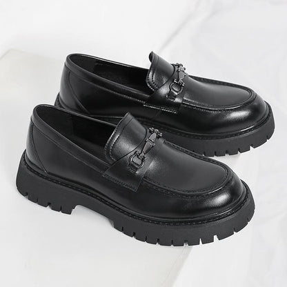 Erabyte Men's Height Increasing Leather Loafers in patent black with chunky soles and decorative buckle detail.