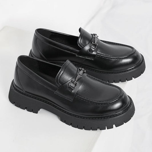 Erabyte Men's Height Increasing Leather Loafers in patent black with chunky soles and decorative buckle detail.