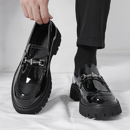 Men's Height Increasing Leather Loafers by Erabyte, featuring shiny patent leather, chunky sole, and decorative buckle detail