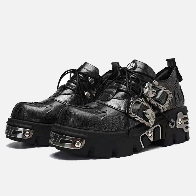 Erabyte dark punk little leather shoes featuring a chunky sole, lace-up design, and metallic accents for a bold look.