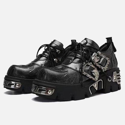 Erabyte dark punk little leather shoes featuring a chunky sole, lace-up design, and metallic accents for a bold look.