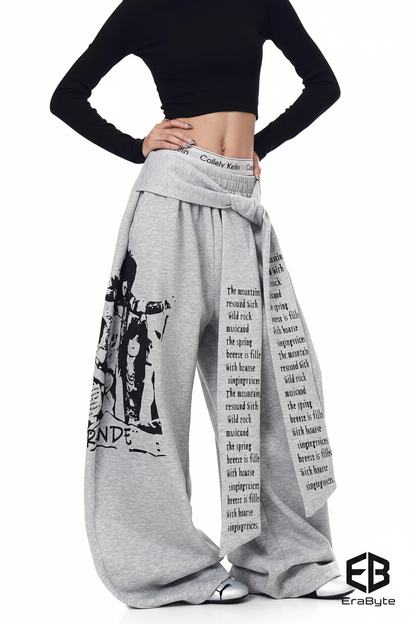 Y2K Printed Scimitar-Hem Cargo Pants