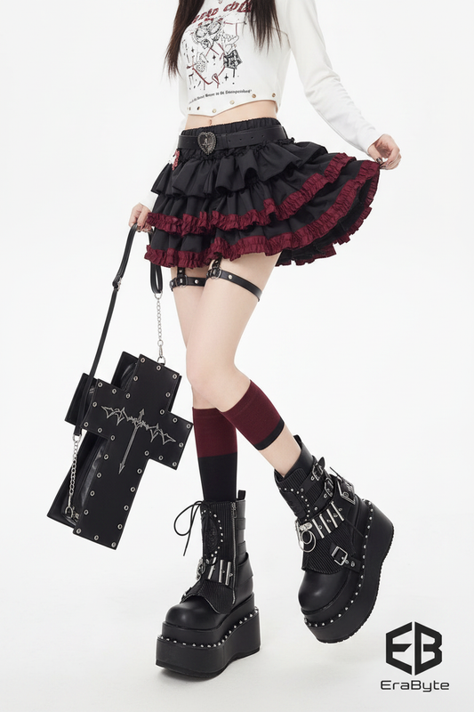 Y2K Punk Layered Cake Skirt with Belt